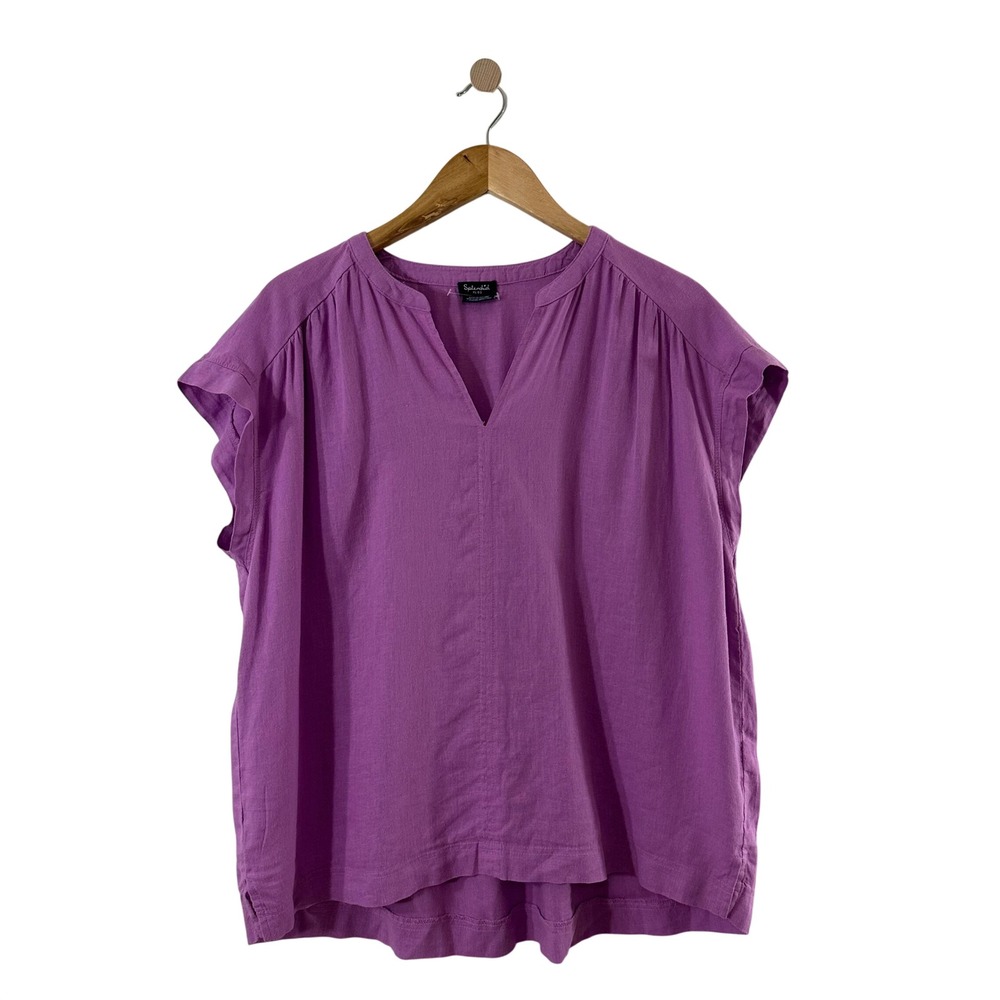 Splendid Purple Linen Blend Split Neck Cap Sleeve Blouse XL